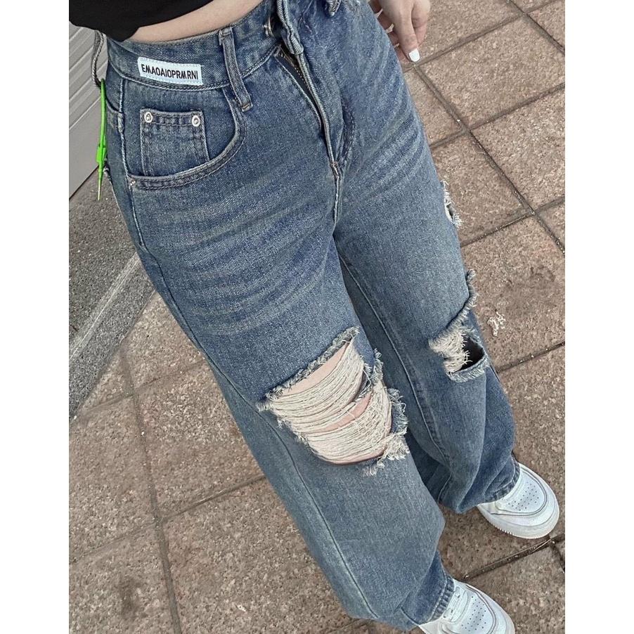 Quần Jeans Nữ Ống Rộng Rách 2 Gối Dáng Suông