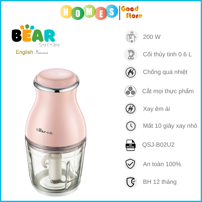 Máy Xay Thịt Thực Phẩm Bear SB-MA02L Xay Cực Êm Dung Tích 2 Lít Công Suất 300 W - Hàng Chính Hãng