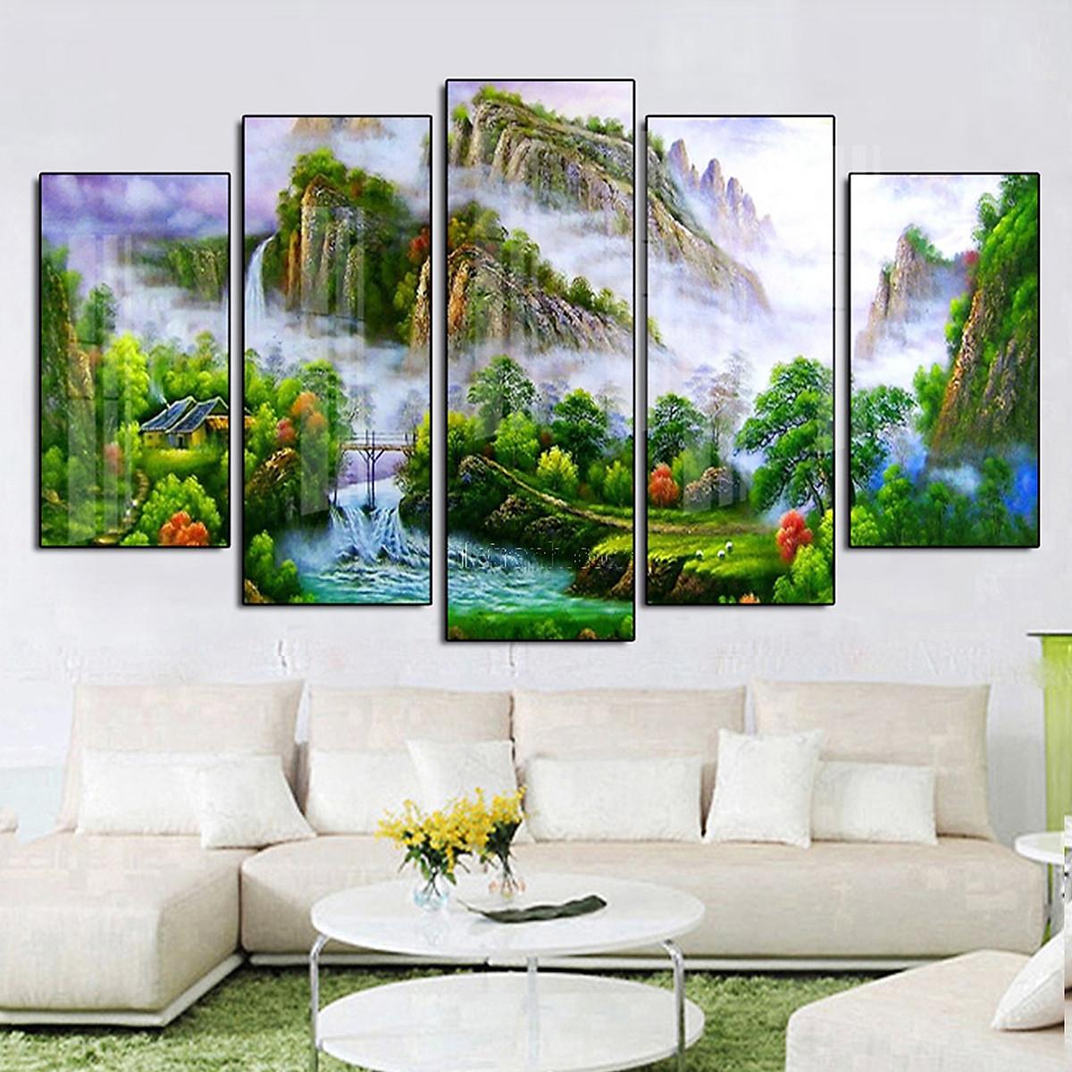 Tranh Tráng Gương Sang Trọng Treo Tường Hiện Đại _ Tranh Bộ 5 Phong Cách Sơn Dầu Phong Cảnh Núi Rừng