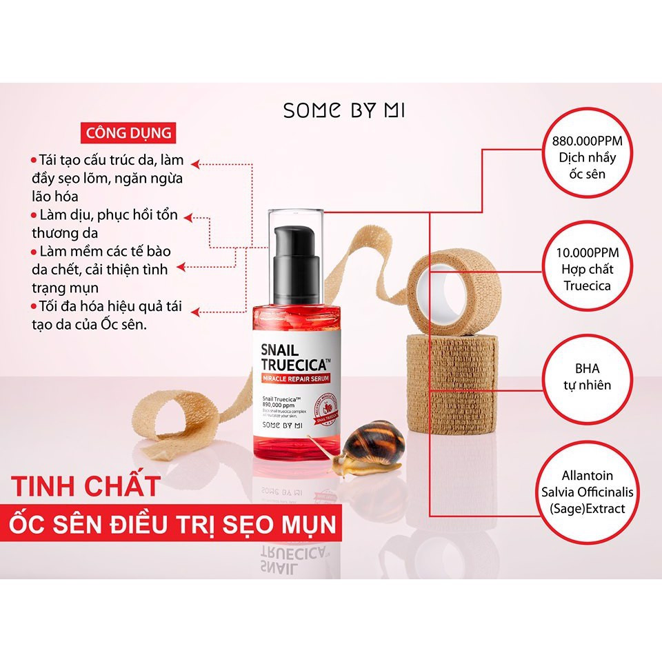 Serum Dưỡng Phục Hồi, Cải Thiện Vết Thâm, Sẹo Lõm Some By Mi Snail Truecica Miracle Repair Serum 50ml + Tặng 1 Mặt Nạ Sum37 Đen