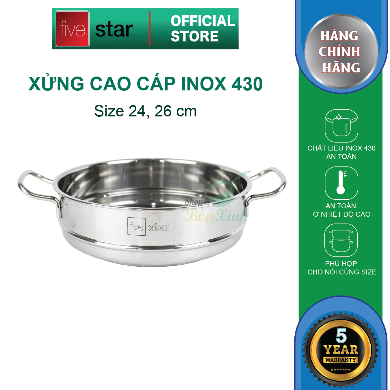 Xửng Hấp Fivestar Tặng 10 Muỗng Ăn Inox - Bạc - 26 Cm