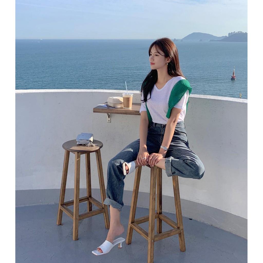 Quần jean ống suông lưng cao xắn gấu form hàn