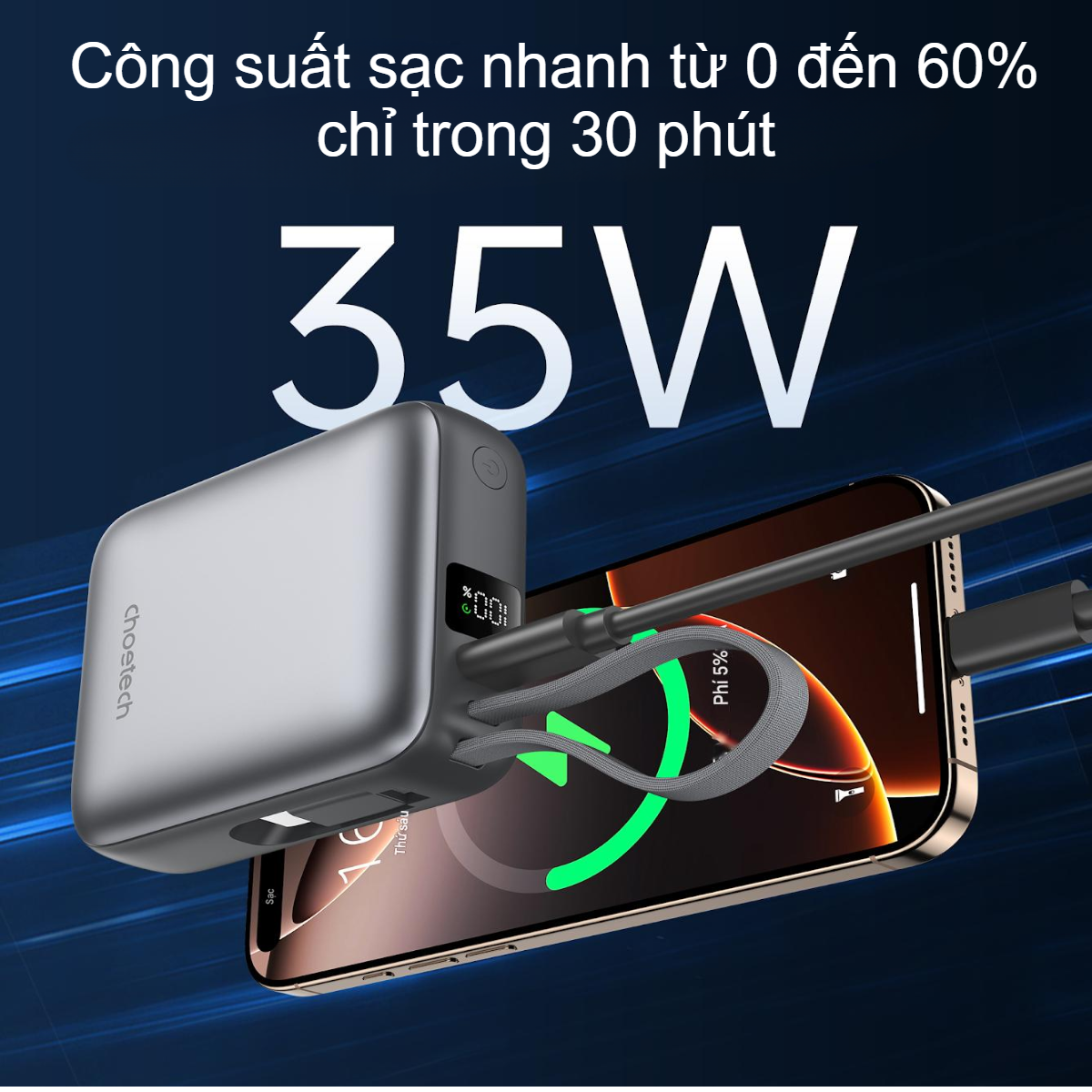 Pin dự phòng sạc nhanh công suất 35W Choetech B832 dung lượng 10000mAh tích hợp cáp sạc Type C (Hàng chính hãng)