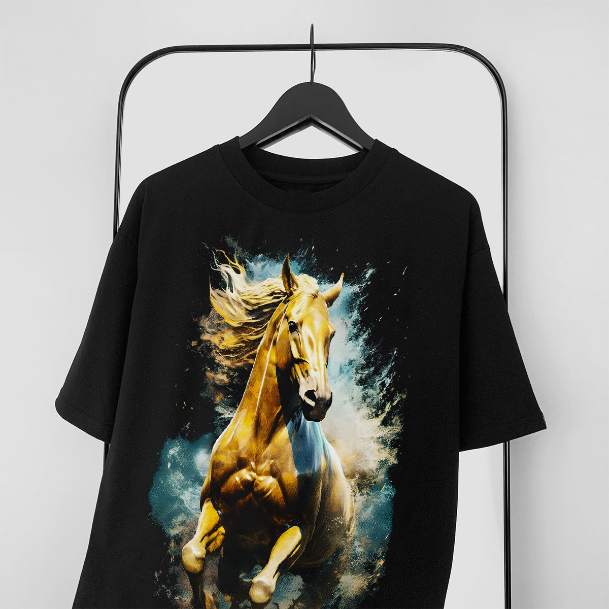Áo thun nam cổ tròn tay ngắn TeeSett big size boy phố cotton màu đen in hình con ngựa graphic design