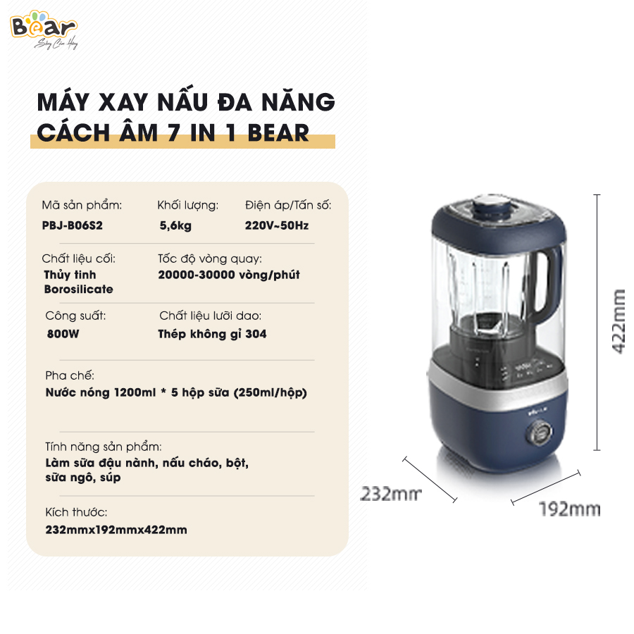 Máy Xay Nấu Đa Năng Bear 1,5L Chống Ồn Cao Cấp, Làm Sữa Hạt, Sinh Tố Tiện Lợi PBJ-B06S2 - Hàng chính hãng