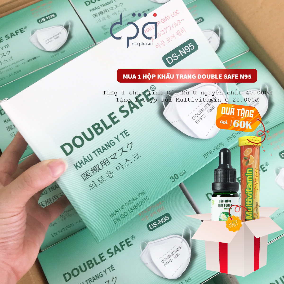 [Mua 1 tặng 2] Khẩu trang Double Safe N95 Hộp 30C - Tặng 1 tube Sủi Multivitamin C và 1 chai Tinh Dầu Mù u