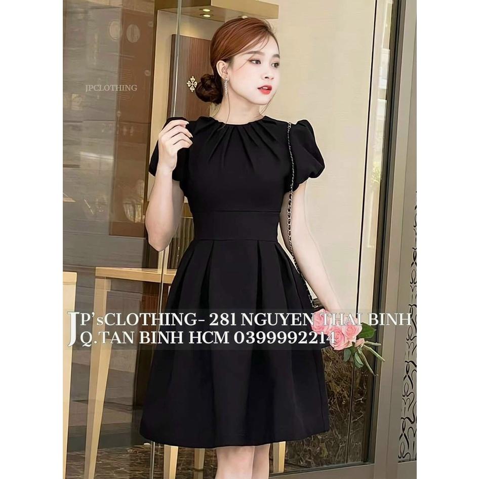 Đầm xoè tay phồng cổ tròn xếp ly