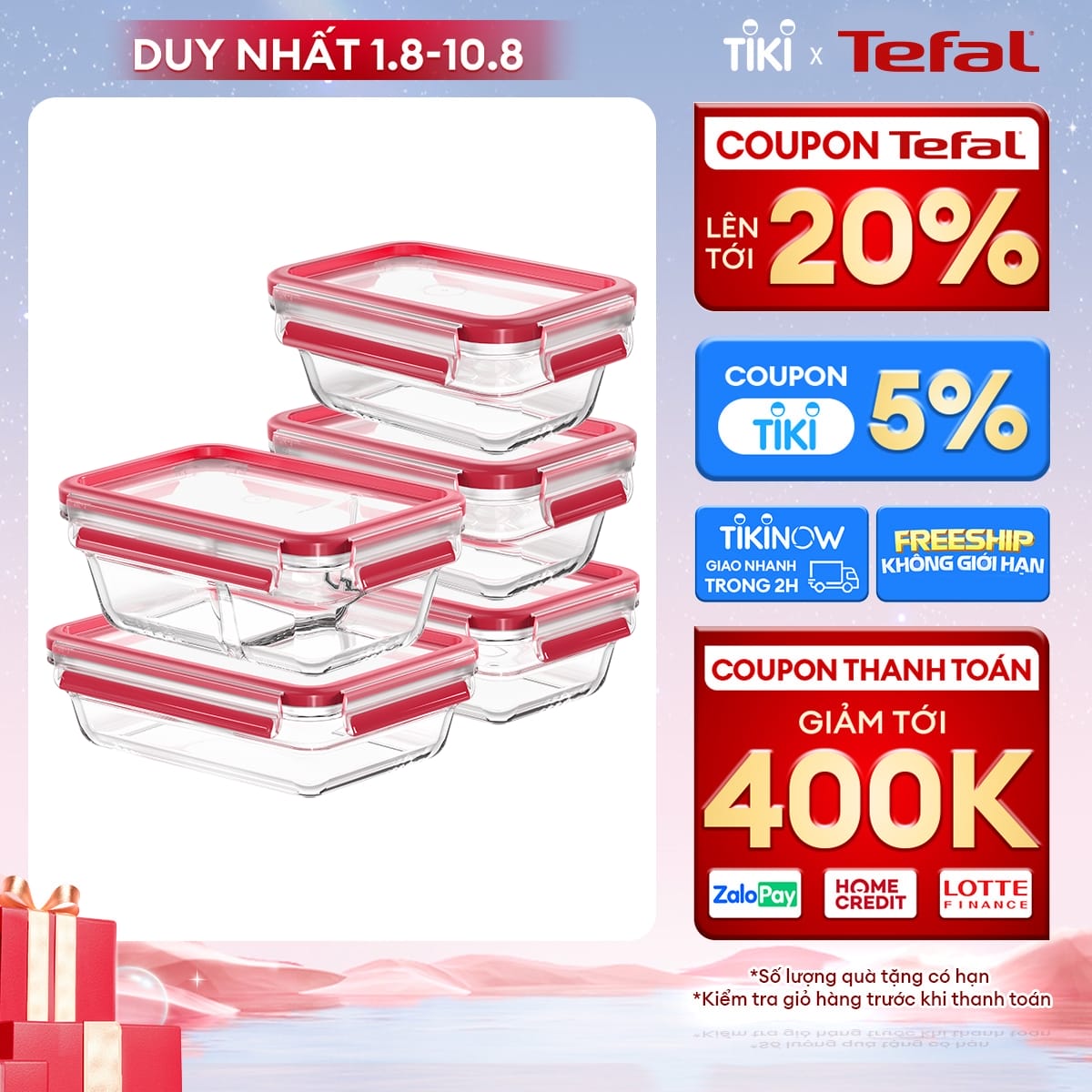 Bộ 5 hộp thủy tinh vuông Tefal Masterseal Glass 450ml x 2, 700ml, 850ml, 1.1L  - đỏ