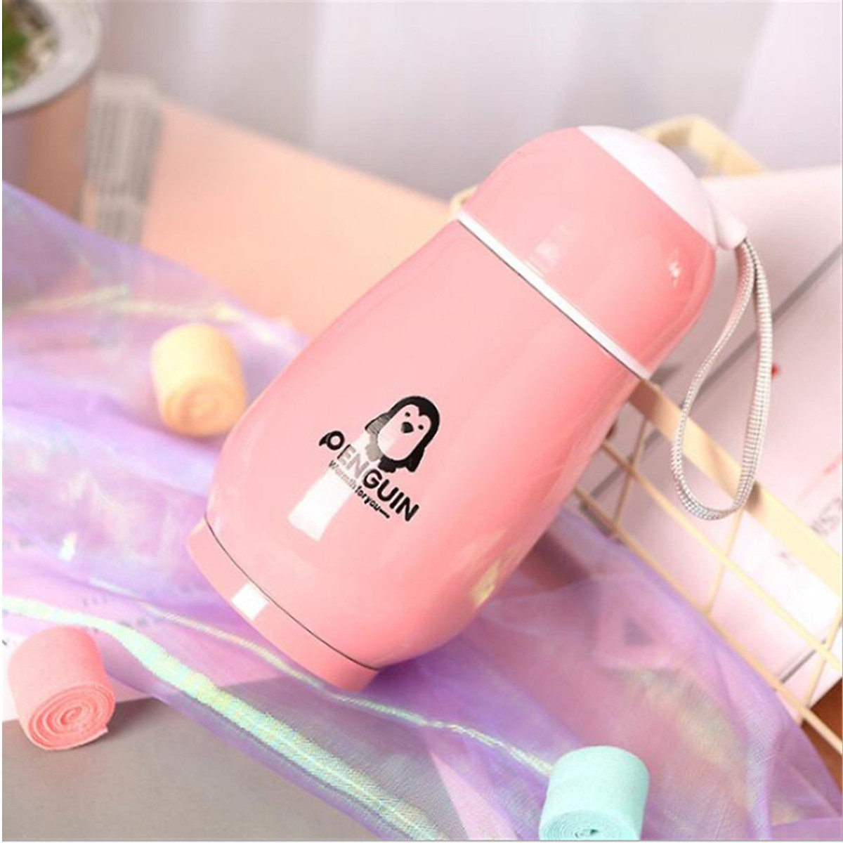 Bình đựng nước, bình ủ cháo giữ nhiệt ruột inox vỏ nhựa hình chim cánh cụt dễ thương, nhỏ gọn tiện lợi