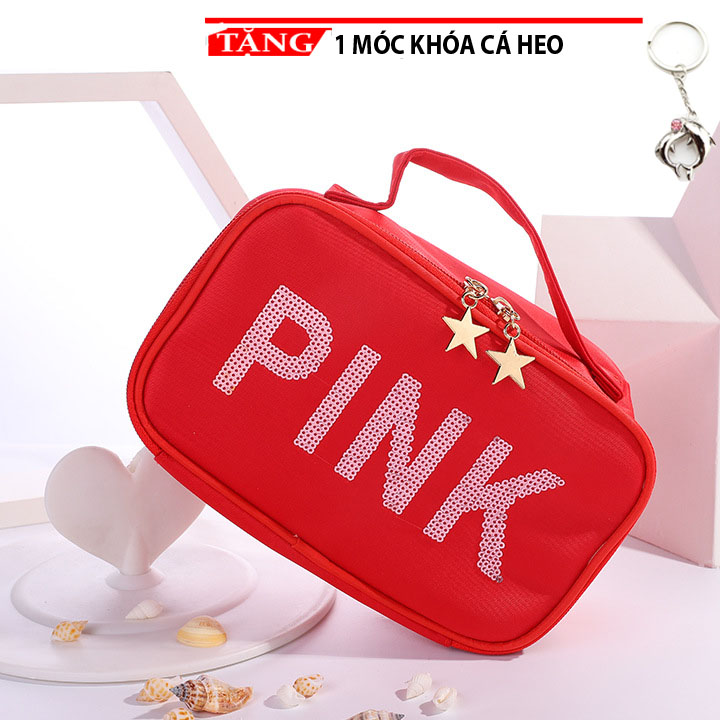 Túi Mỹ Phẩm - túi tiện ích Màu Pink Tặng móc khóa cá heo