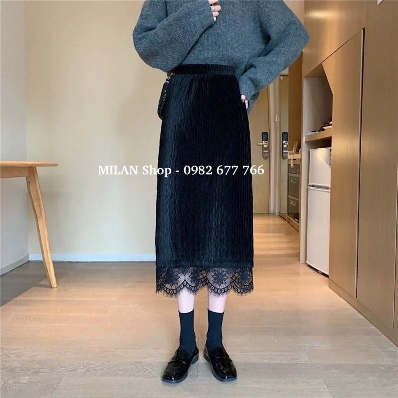 Chân váy nhung phối ren mặc được 2 mặt