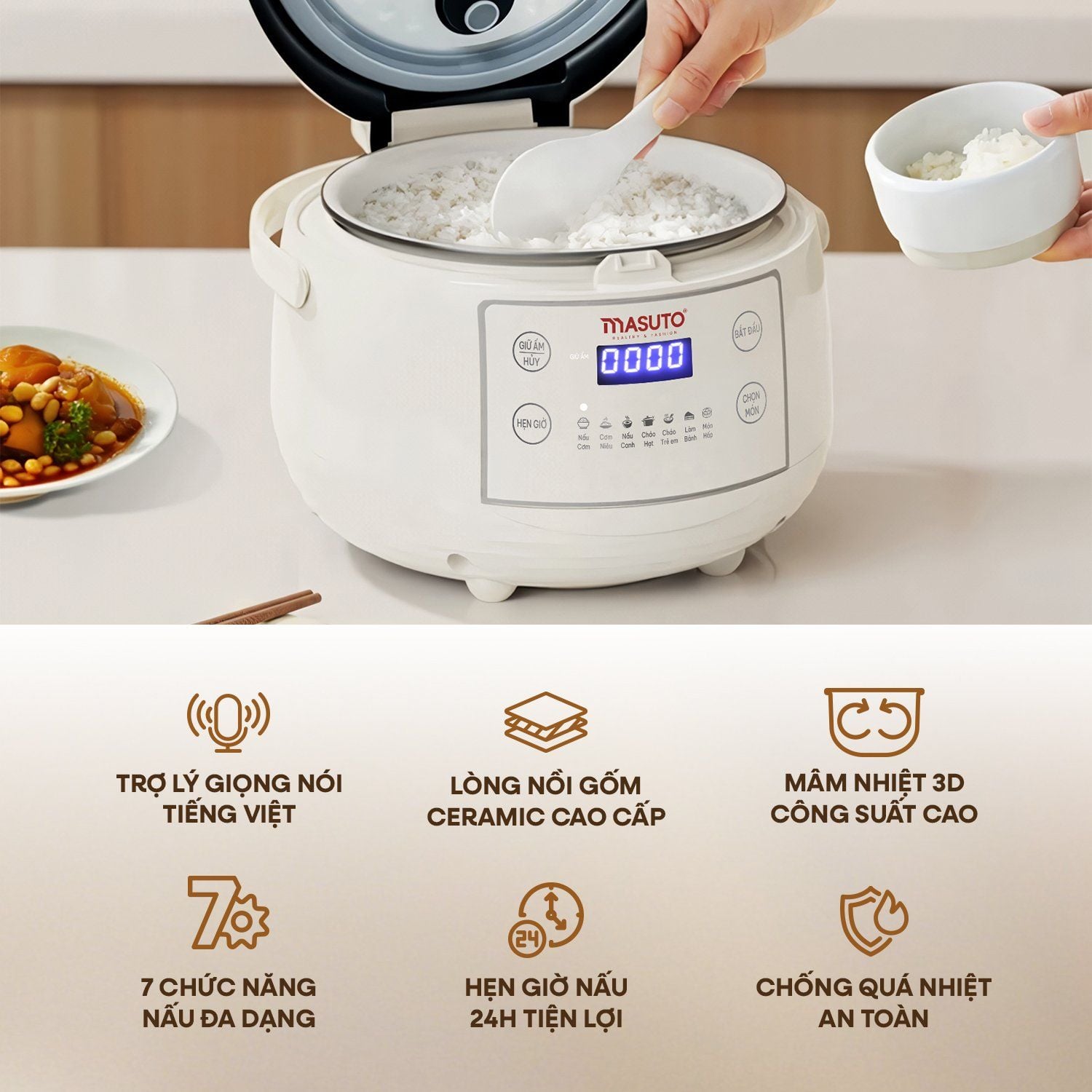 Nồi Cơm Điện Tử Masuto MSCookerAI Dung Tích 1,5L Biết Nói Tiếng Việt, Lòng Nồi Ceramic Chống Dính Cao Cấp, Đa Năng Với 7 Chế Độ Nấu, Có Hẹn Giờ - Hàng Chính Hãng