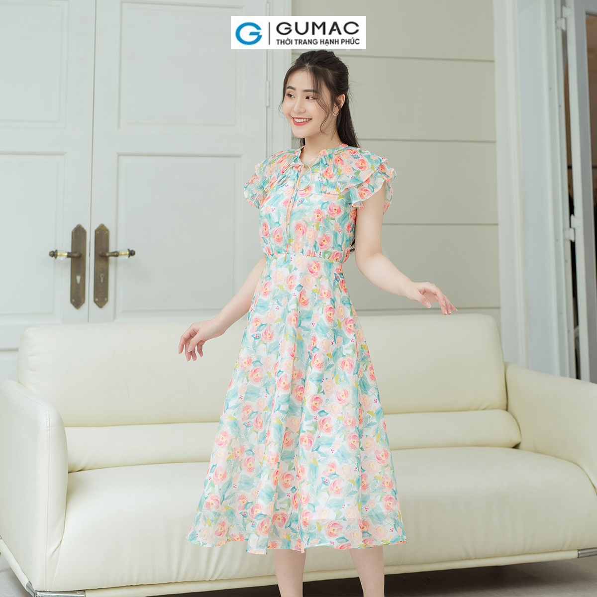 Đầm xòe phối dập ly GUMAC DD08060