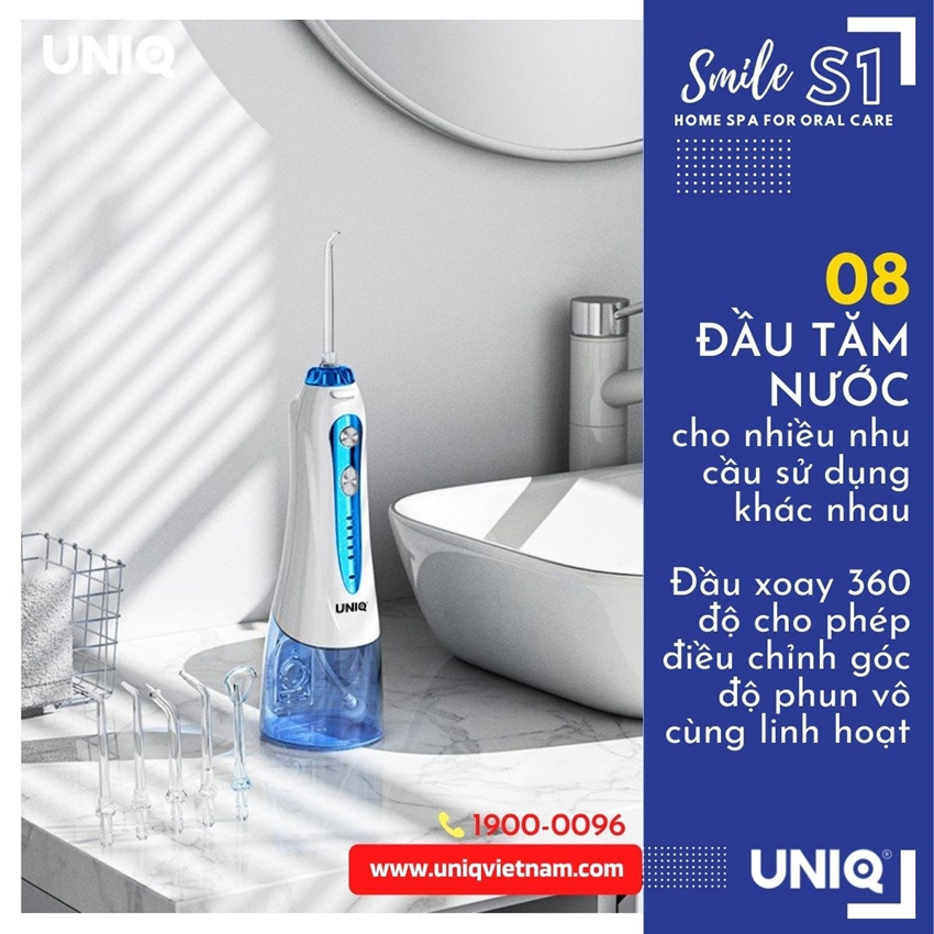 Tăm Nước Cầm Tay UNIQ Smile S1 Nhật Bản Cao Cấp Màu Trắng Xanh Máy Vệ Sinh Răng Miệng Mini Tốt May Tam Nuoc Waterpik Gia Đình Không Dây Xịt Xỉa Rửa Làm Sạch Kẽ Răng Niềng