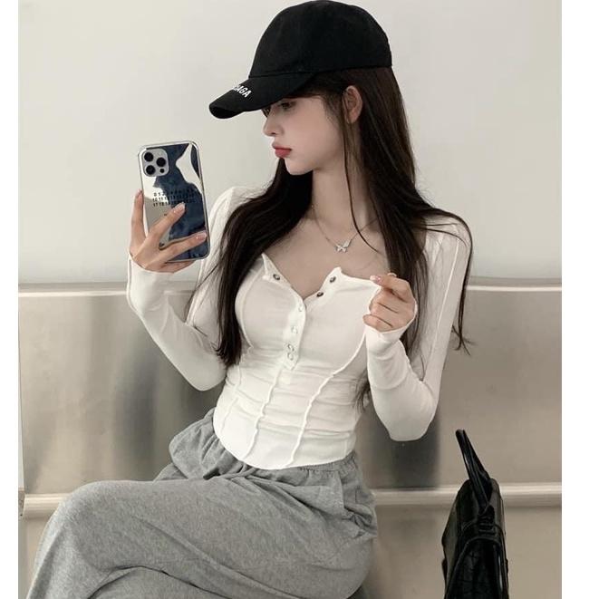 Áo thun body dài tay kiểu Hàn Quốc phối nút bấm chỉ nổi cá tính chất thun gân mịn đẹp - AO080