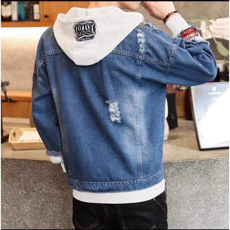 Áo khoác jeans nữ và nam màu xanh đậm phối nón nỉ sumisu shop