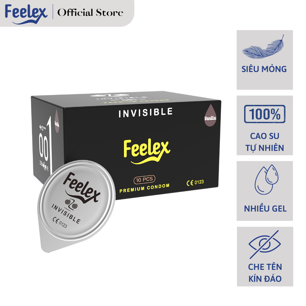 Bao cao su Feelex Invisible siêu mỏng, nhiều gel bôi trơn, hương thơm nhẹ