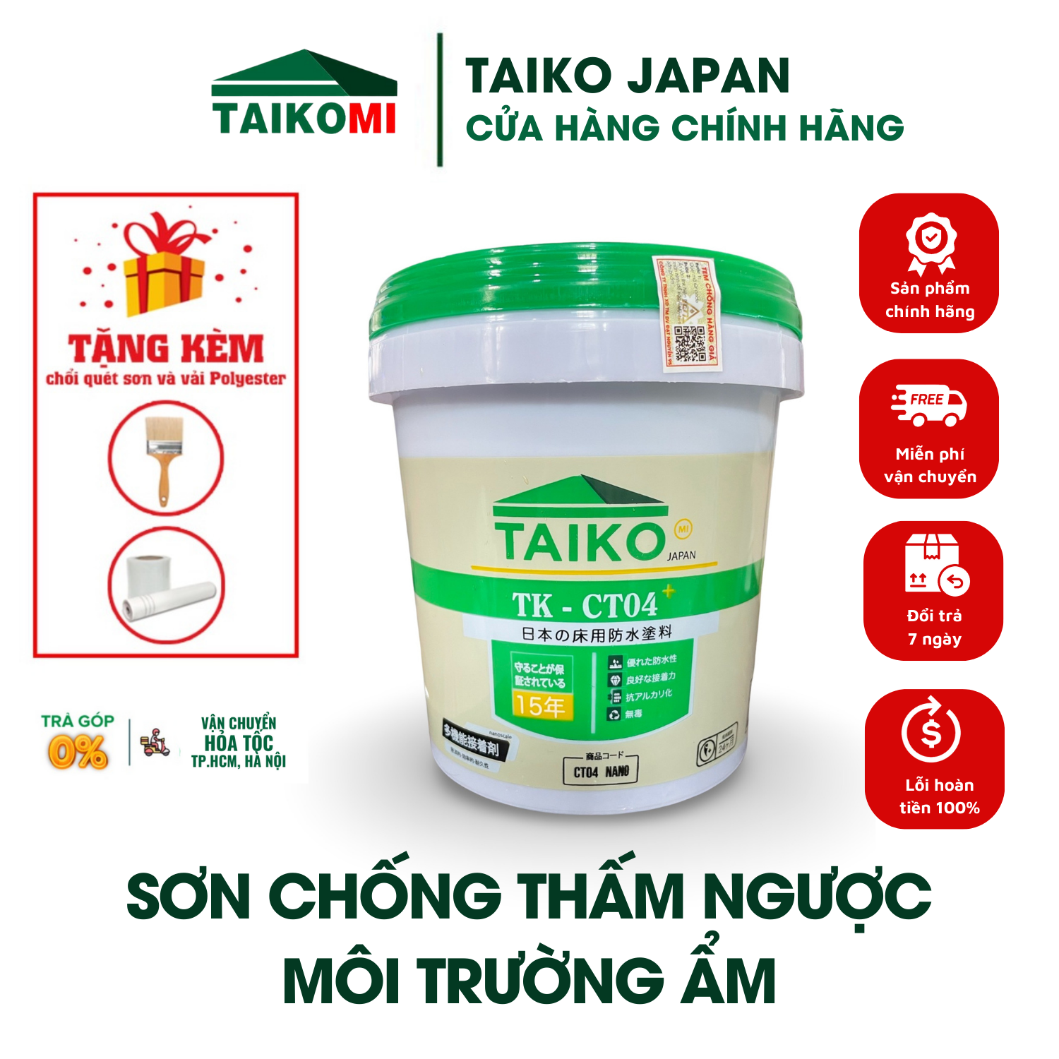 Sơn Chống Thấm Ngược, Môi Trường Ẩm Nhà Vệ Sinh, Bể Cá, Bể Âm TAIKO CT4 - Tặng Kèm Vải Kết Cấu