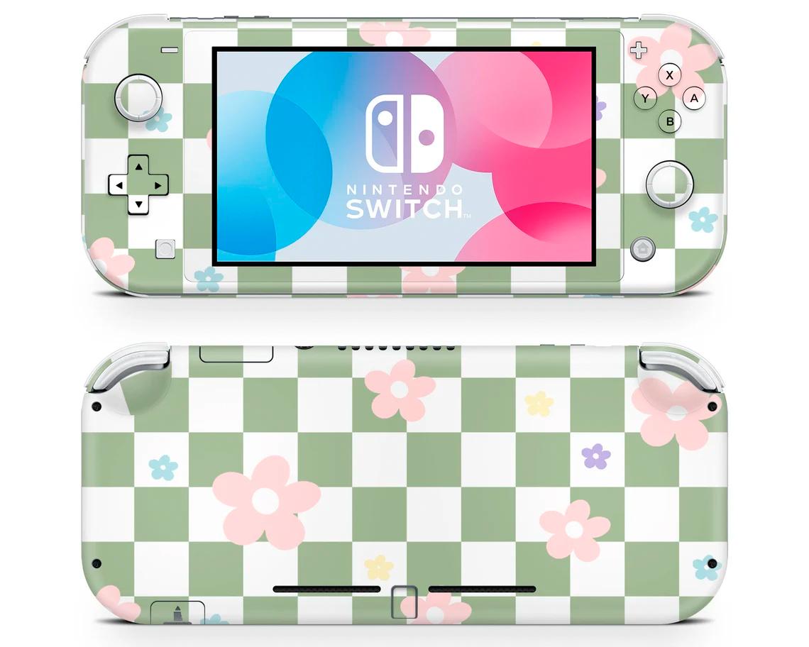 Skin decal dán Nintendo Switch Lite mẫu hoa trên nền caro xanh trắng (dễ dán, đã cắt sẵn)