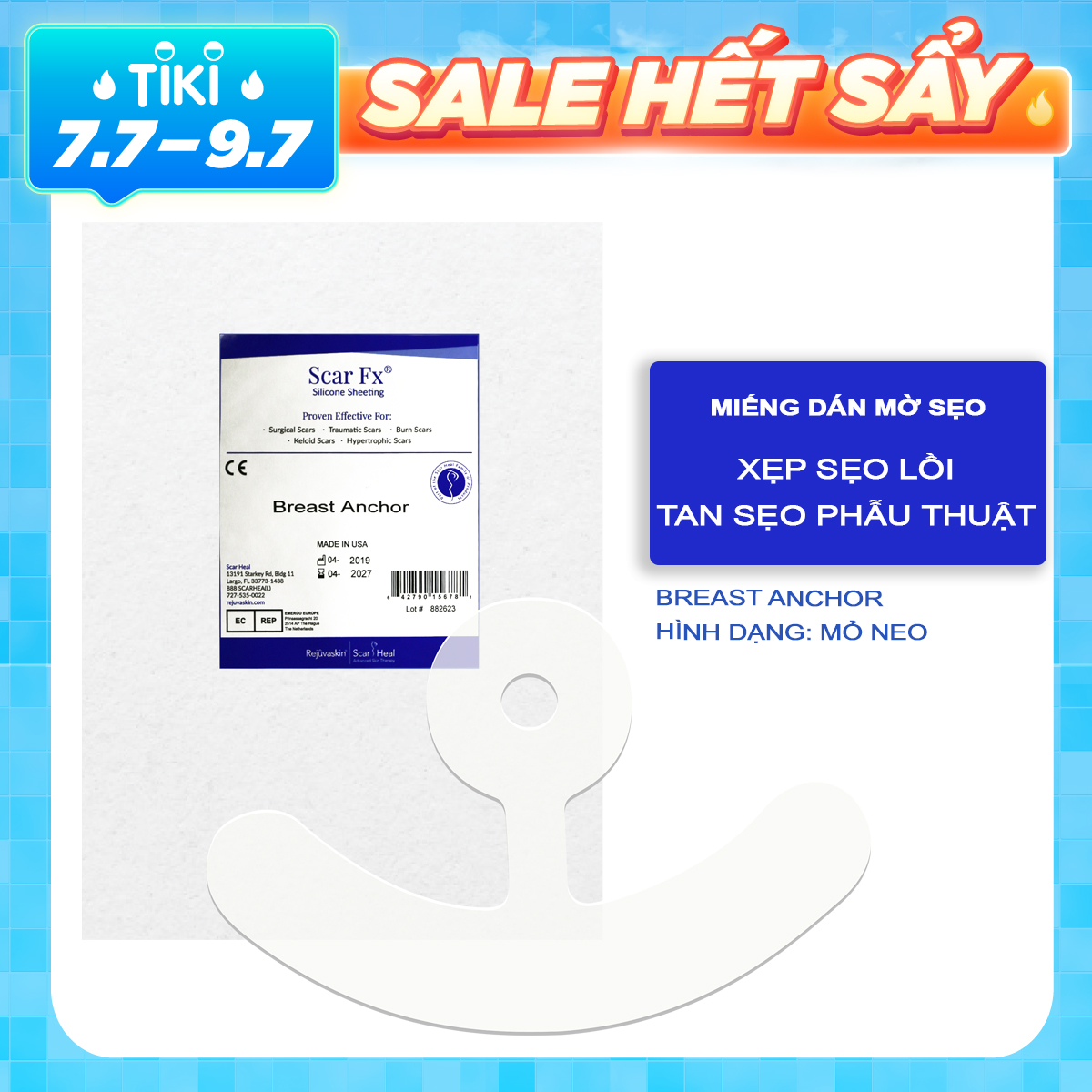 Miếng dán hỗ trợ trị sẹo phẫu thuật ngực Scar FX Breast Anchor Silicone Scar Sheets Rejuvaskin (Hình mỏ neo)