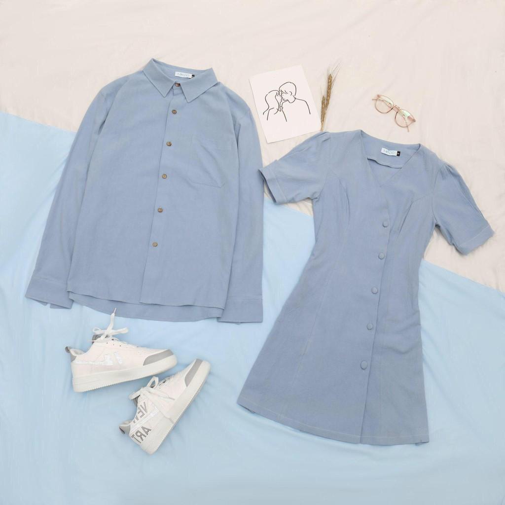 Áo cặp nam nữ đẹp Set váy áo cặp sơ mi chụp cưới Hàn Quốc Couple màu xanh AV24