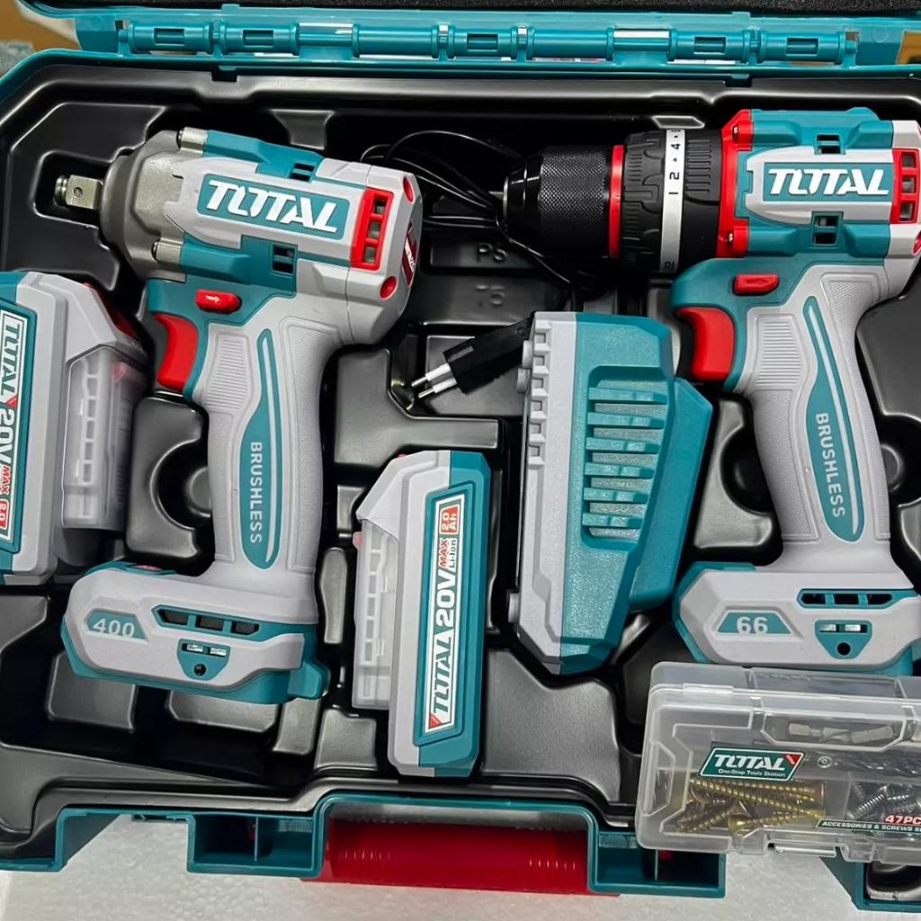 BỘ COMBO MÁY KHOAN BÚA TIDLI20668 1 &amp; MÁY SIẾT BULOONG TIWLI2040 1 KHÔNG CHỔI THAN DÙNG PIN 20V TOTAL TCKLI20275 - HÀNG CHÍNH HÃNG