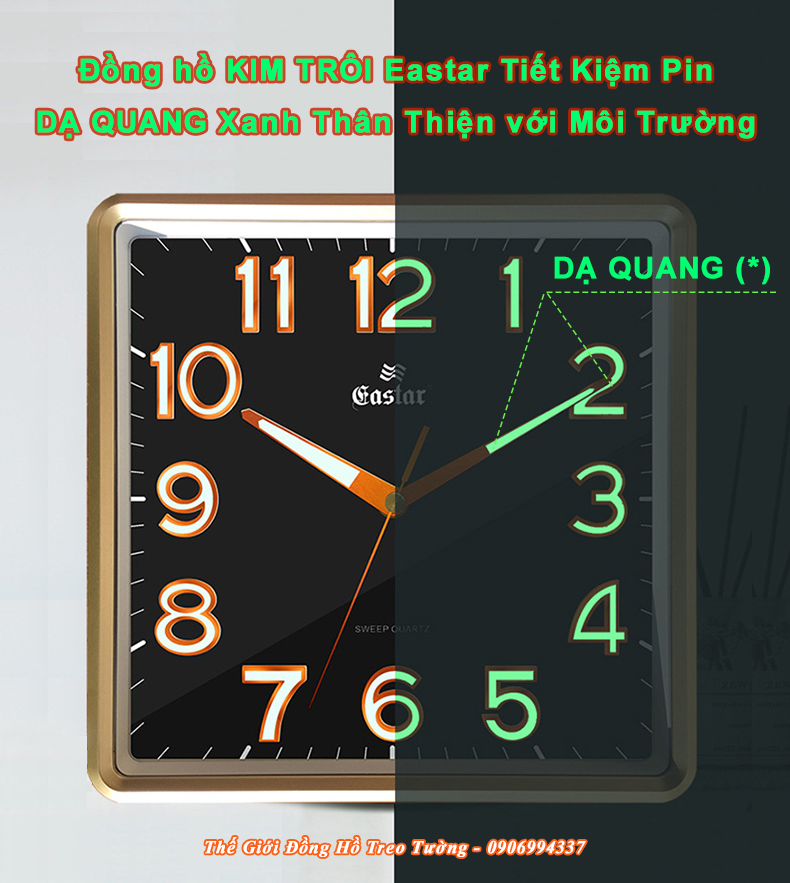 Đồng Hồ Treo Tường KIM TRÔI NHẬT Cao Cấp EASTAR Có DẠ QUANG Hình Vuông - Tặng Pin Maxell - Bảo Hành 1 Năm