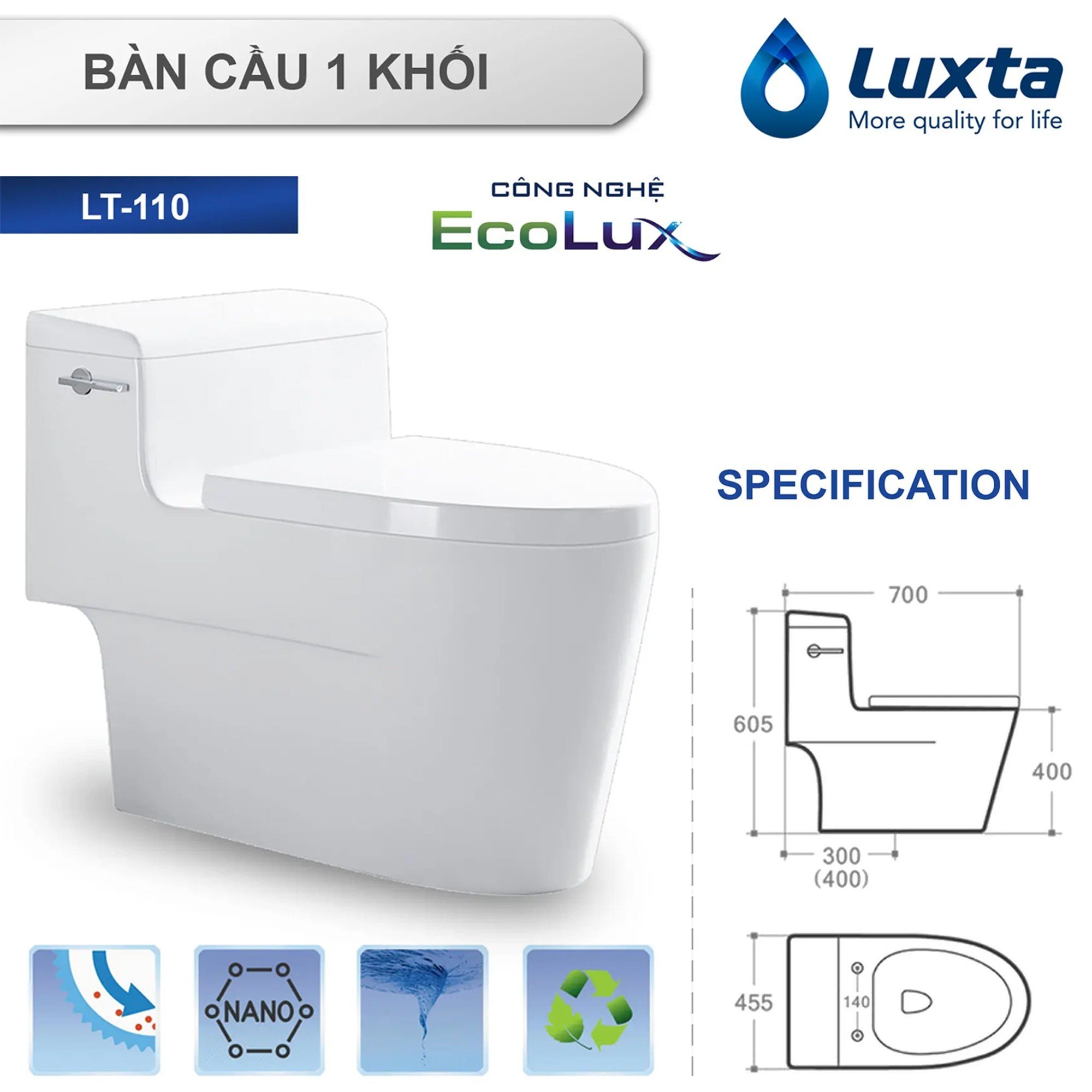 Bồn Cầu Chính Hãng LUXTA LT110 Công Nghệ Tiết Kiệm Nước ECO LUX