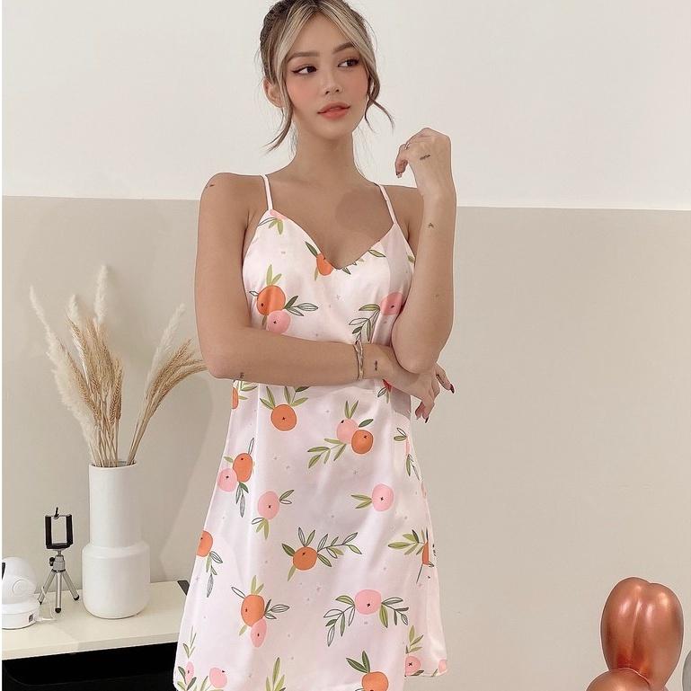 Đầm ngủ lụa hai dây đan lưng họa tiết