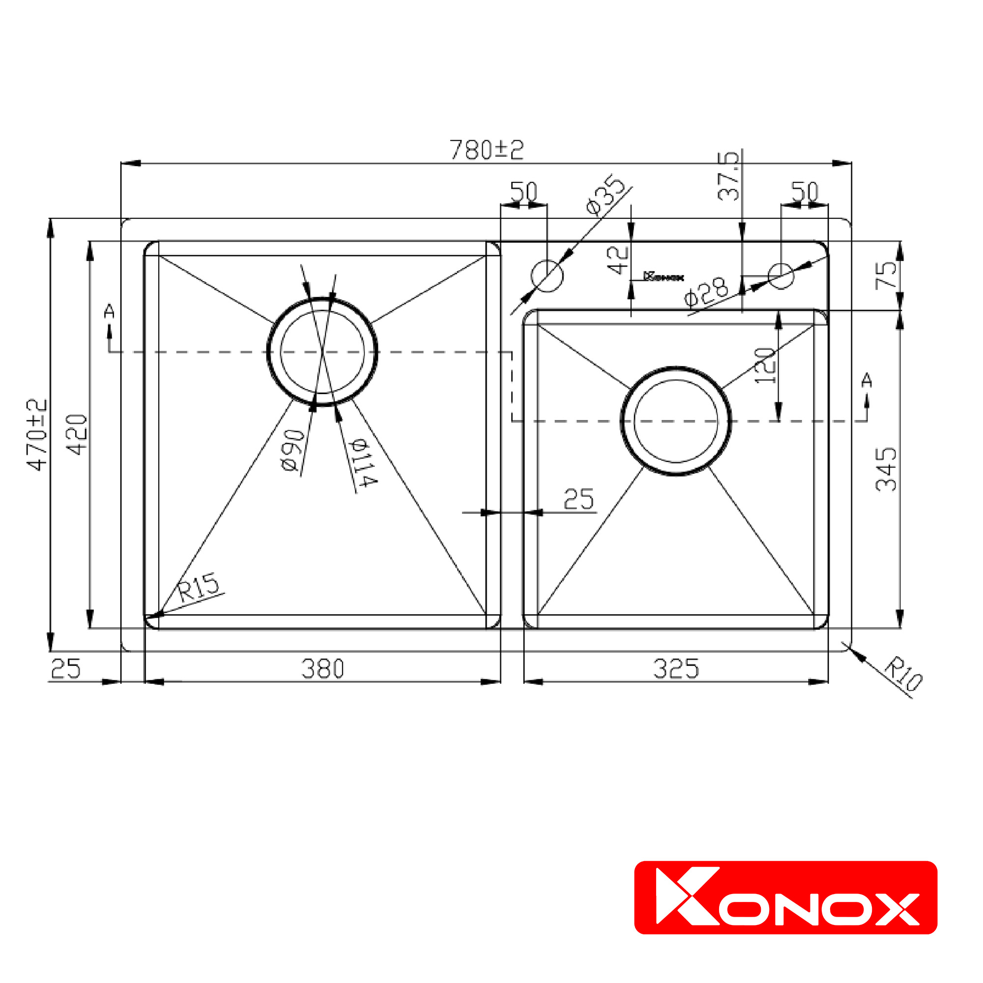 Chậu rửa bát Konox, Overmount Series, Model KN7847DO , Inox 304AISI tiêu chuẩn châu Âu, 780x470x228(mm), Hàng chính hãng