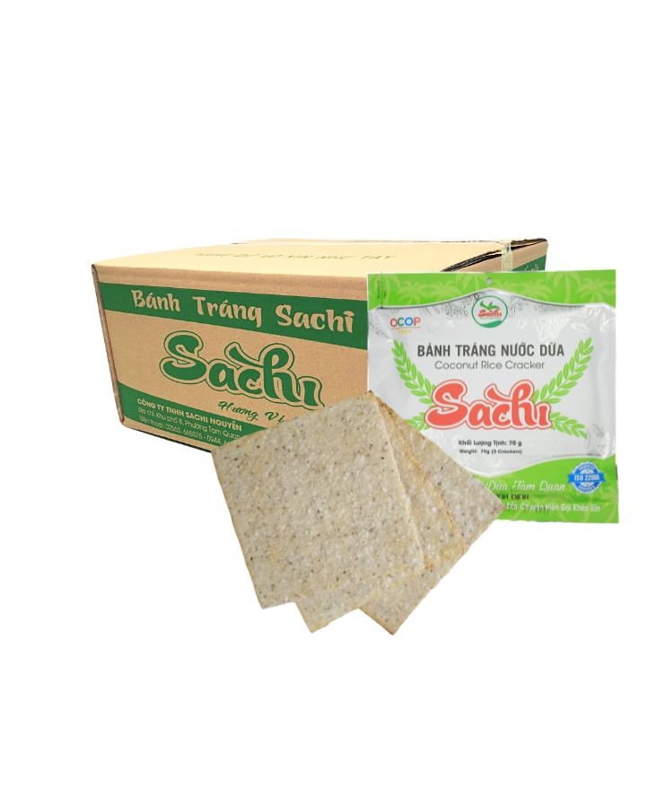 Thùng 50 Gói Loại 75Gram, Bánh Tráng Nước Cốt Dừa Cao Cấp Nướng Sẵn Sachi