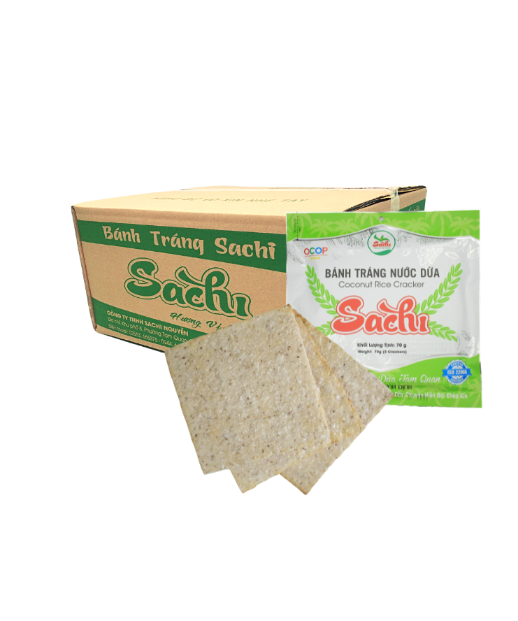 Thùng 50 Gói Loại 70Gram, Bánh Tráng Nước Cốt Dừa Cao Cấp Nướng Sẵn Sachi