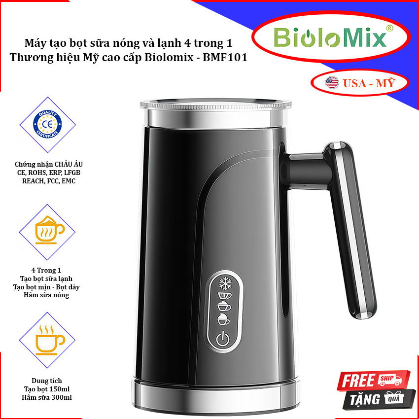 Máy tạo bọt sữa nóng và lạnh 4 trong 1. Thương hiệu Mỹ cao cấp Biolomix - BMF101. Hàng nhập khẩu