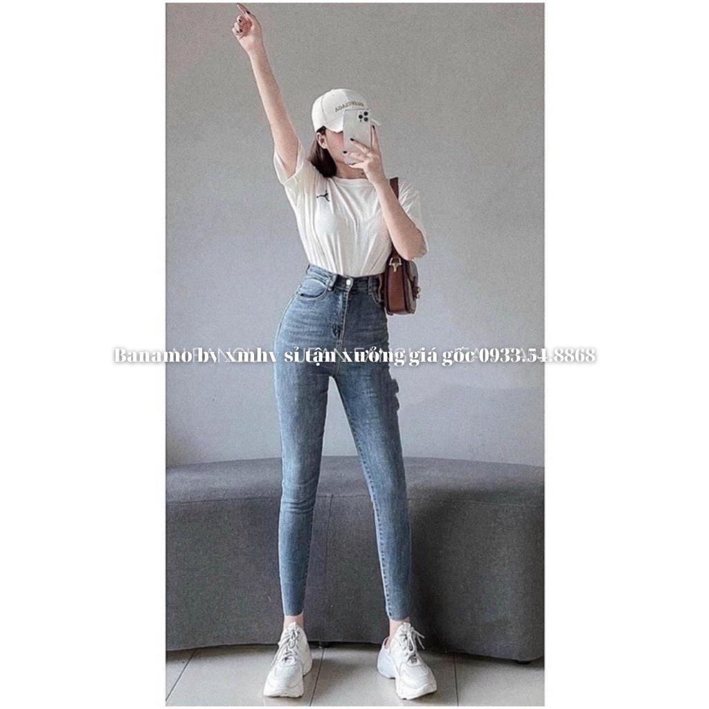 Quần jean nữ túi nắp da cạp cao hách dáng miên man siêu đẹp thời trang Banamo Fashion jean nữ túi nắp da 769