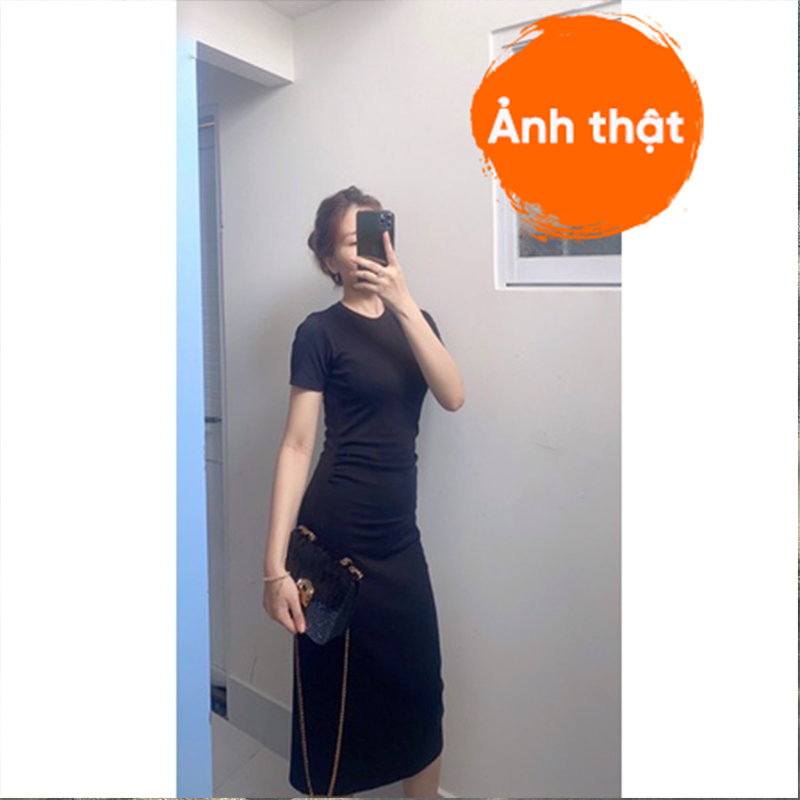 [NNY CLOTHING] Váy thun ôm body màu đen, lên dáng cực chuẩn CHIN DRESS - V078