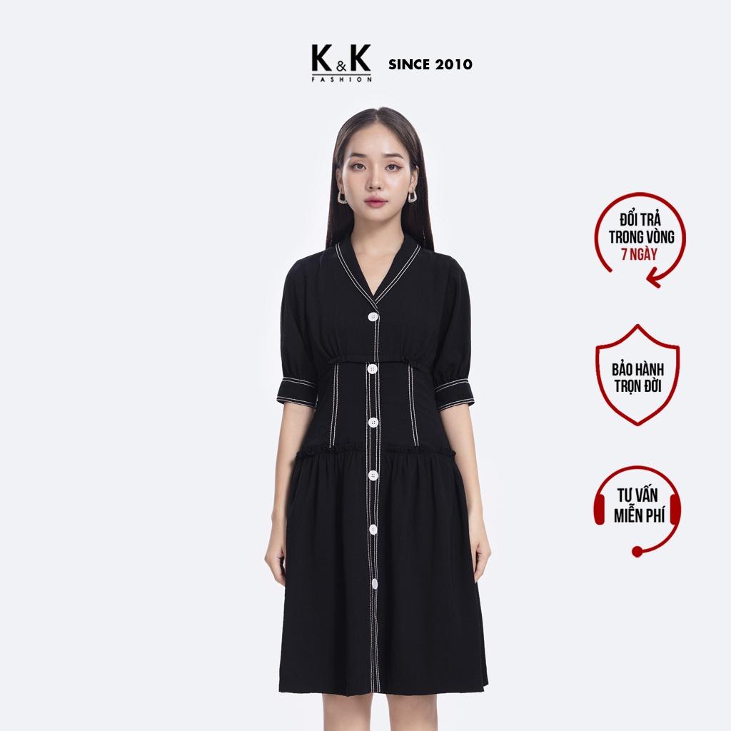 Đầm Xòe Đen Công Sở Nữ Nhấn Eo Viền Trắng K&amp;K Fashion KK114-26 Chất Liệu Tằm Đũi