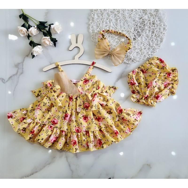 Set 2 dăy vàng thiết kế bèo tầng kèm nơ cho mùa hè rực rỡ