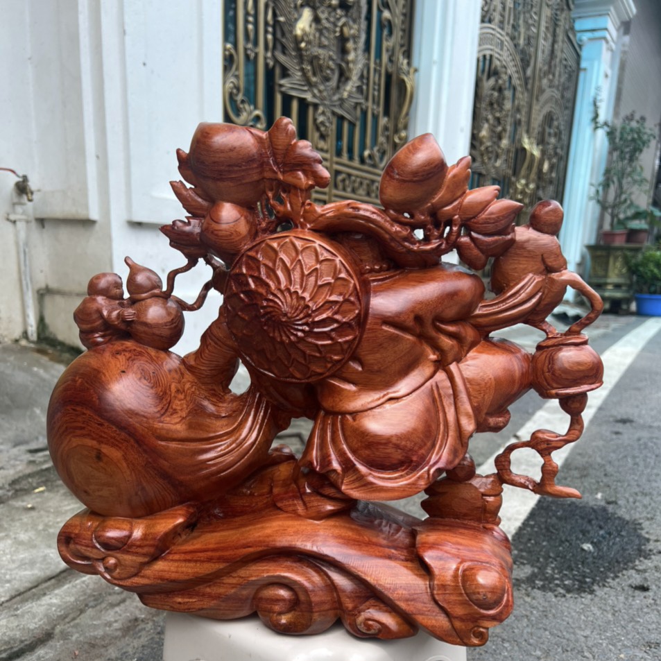 Tượng phật di lặc ngũ phúc kéo bao vàng bằng gỗ hương đá kt 40×35×16cm
