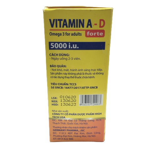 Combo 2 Hộp Vitamin A-D Forte Omega 3 For Adults 500 IU bổ sung vitamin giảm nguy cơ khô mắt, mỏi mắt, còi xương, hỗ trợ đẹp da, Hộp 100 Viên