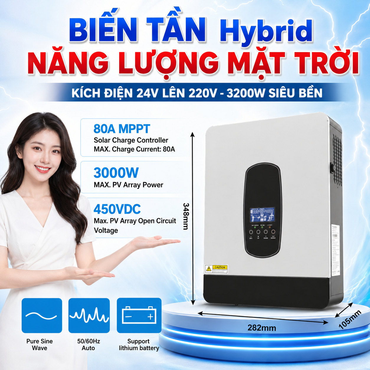 Biến Tần Hybrid Năng Lượng Mặt Trời 3200W 24V Lên 230V Sóng Sin Chuẩn Sạc Solar 80A, đèn trang trí
