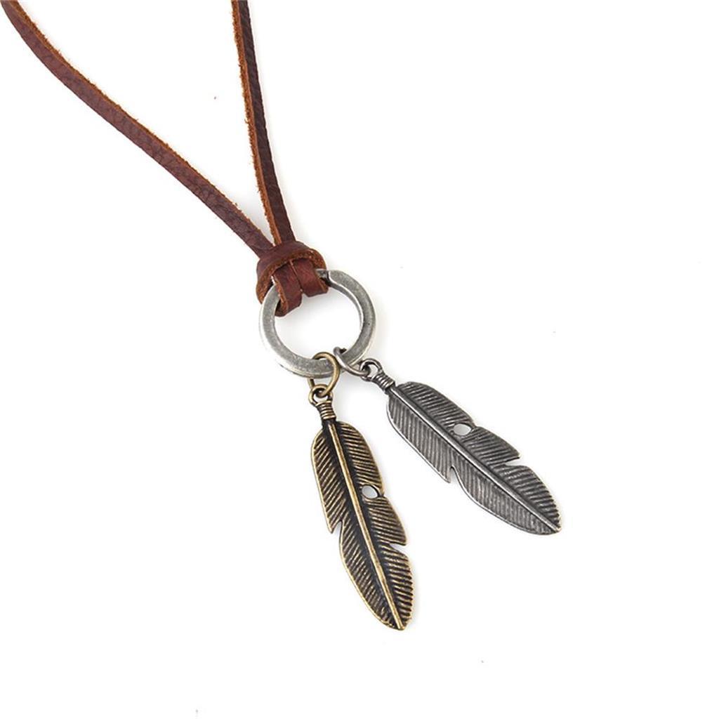 Punk Brown Leather Chain Necklace Double Silver&Gold Leaf Pendant Design