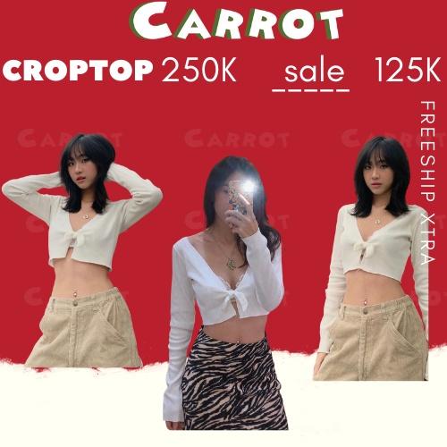 Áo croptop nữ tay dài trắng ôm body cổ thiết kế cột nơ thun gân cực các tính, gợi cảm carrotxinhdep