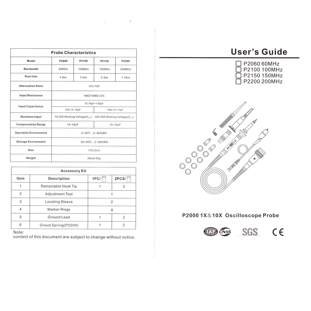 Bộ Que Đo Máy Hiện Sóng Thay Thế ABG P2060, Đầu Dò Máy Hiện Sóng 60mhz 300V DC 1X 10x 1 Đầu Dò, Máy Kiểm Tra Vạn Năng Đầu Dò Dây Dẫn Kiểm Tra - Hàng Chính Hãng