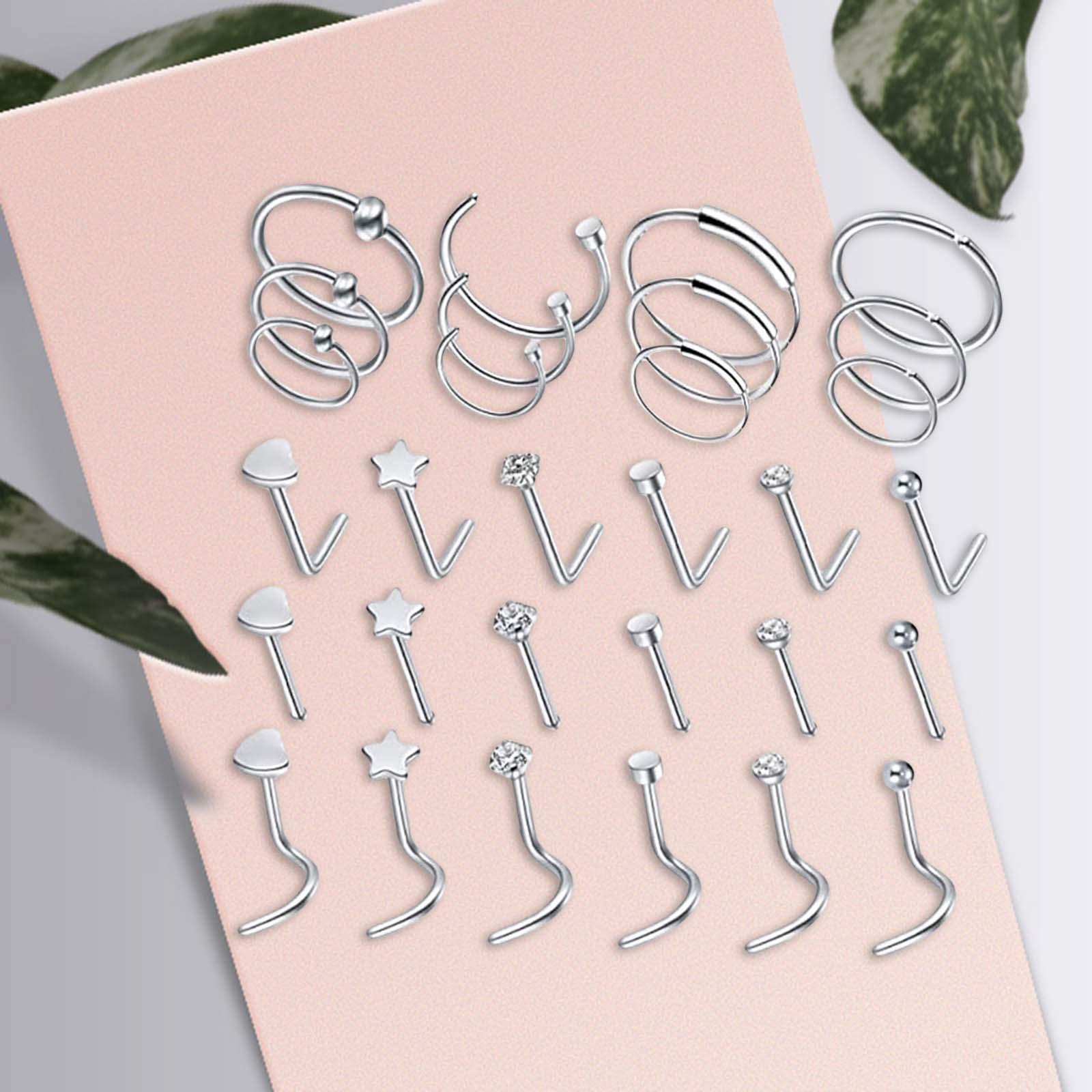30Pcs Stainless Steel Stud Nose Ring L Shape Nose Piercing for Womens Mens