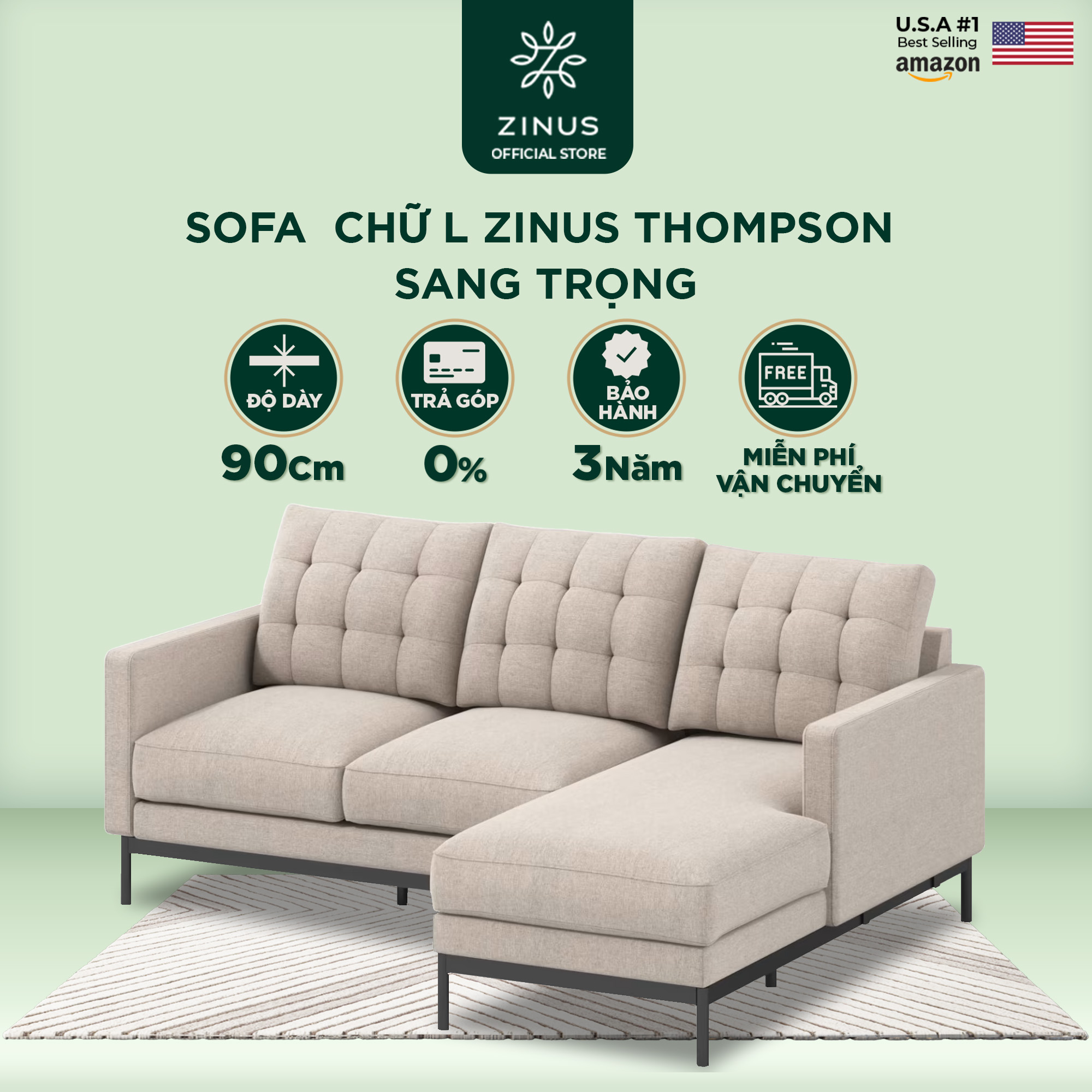 Ghế  Sofa Zinus Thompson Chữ L Hiện Đại Sang Trọng - Zinus Thompson 2 Seater with Chaise Sofa (L-Shaped) Beige