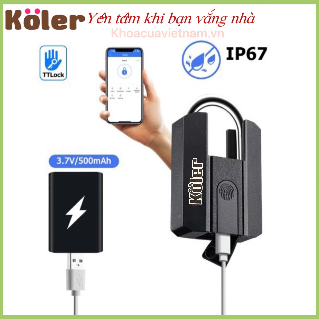 Khóa Móc Vân Tay Chống Cắt KOLER. Mở Bằng APP, Vân Tay Và Chìa Cơ. Tiện Lợi Chống Nước.