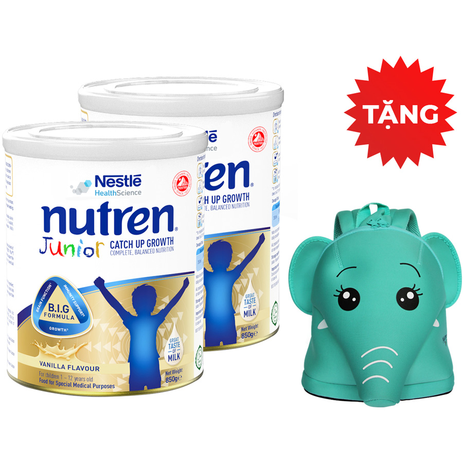 Combo 2 lon sản phẩm dinh dưỡng y học Nutren Junior cho trẻ từ 1-12 tuổi 850g tăng trưởng 3 chuẩn: Thế chất, Đề kháng, Tư duy - Tặng Balo Con Voi Xanh