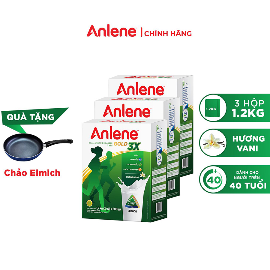 Combo 3 Sữa Bột Anlene Gold 3X Hương Vanilla (Hộp giấy 1200g) tặng chảo Elmich