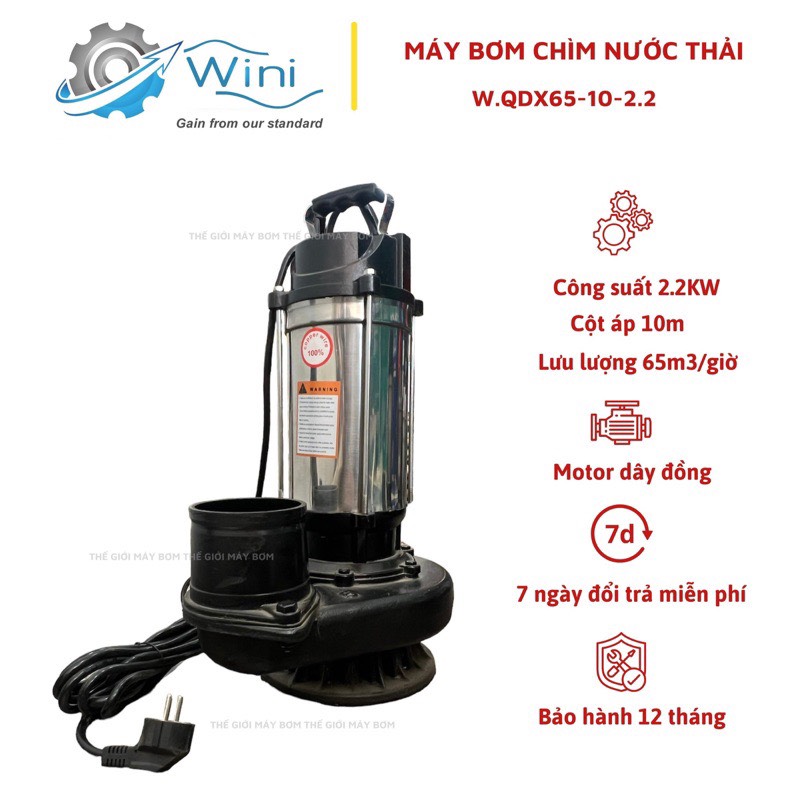 Máy bơm chìm nước thải 2.2Kw Thân INOX 304 Wini W.QDX65-10-2.2 - Bảo hành 1 năm