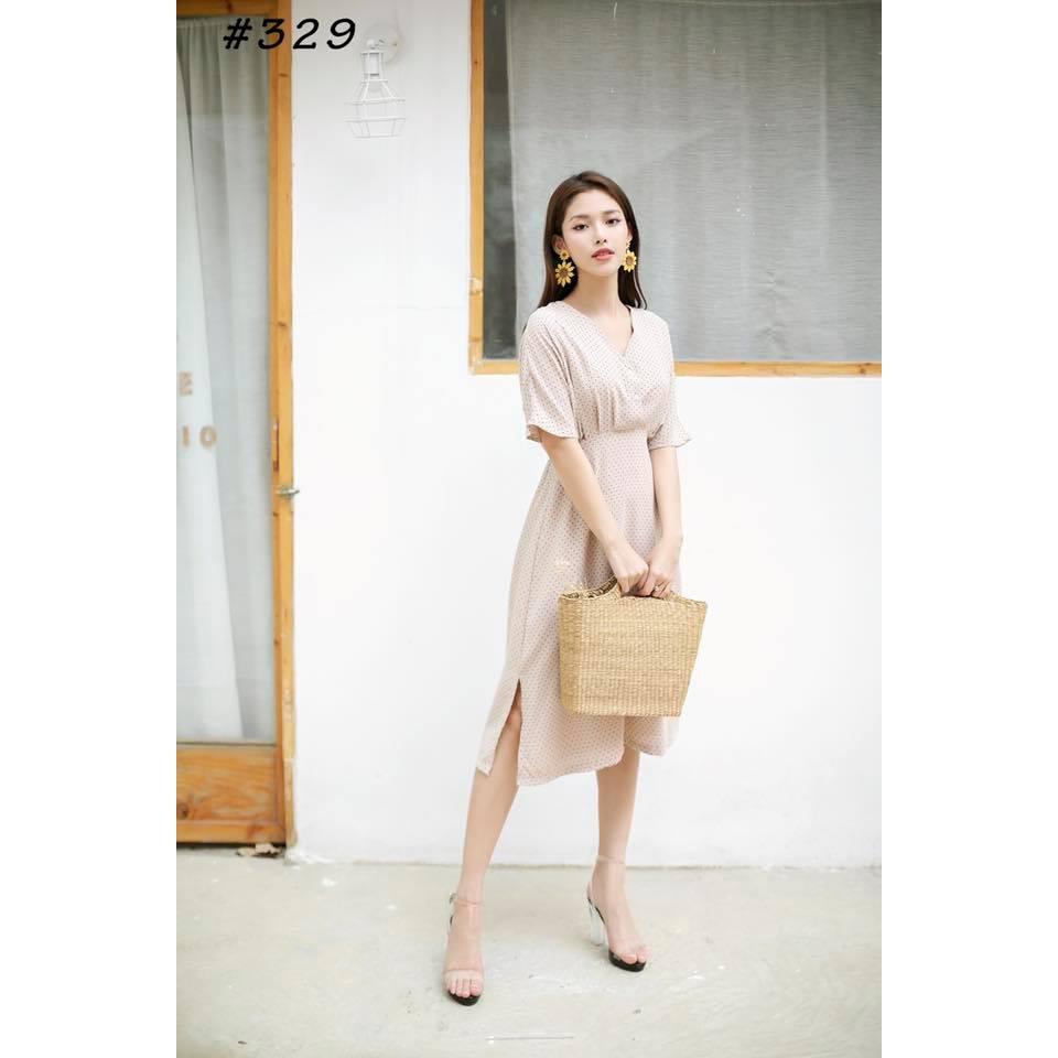 Đầm Bi Nhún Cổ V Siêu Xinh
